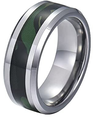 Mesnt Edelstahl Ring Unisex Verlobungsring Eingelegt mit Tarnung Ehering Abgeschrägte Kante Ring Herren Für Freundschaft 8MM Silber Grün Verlobungsringe Größe 54 (17.2)