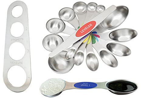 HolKitchen® Juego de 9 cucharas medidoras, cucharas dosificadoras de espaguetis, cucharas dosificadoras magnéticas de acero inoxidable, cucharas medidoras, cucharas medidoras para medir raciones