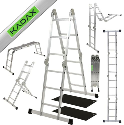 KADAX Mehrzweckleiter 12 Stufen, Multifunktionsleiter aus Aluminium, Aluleiter, Vielzweckleiter bis 150kg, Klappleiter mit Plattform, Gelenkleiter, Haushaltsleiter (4x3 Sprossen)