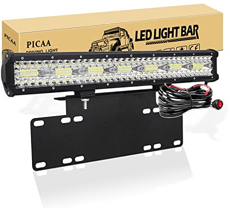 PICAA Car Led Light Bar, 20 inch Tri Row 8D 420W LED Work Lights Bar Lamp Light With License Plate Mount Bracket Holder 12V Wiring Kits For Off road Truck SUV UTE ATV 4x4, 6000K