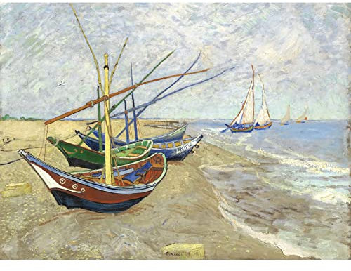 Bristlegrass Wooden Jigsaw Puzzles 500 Piece Puzzles for Adults Van Gogh Famous Paintings - Fishing Boats on The Beach at Les Saintes-Maries-de-la-Mer Gifts Decorative Painting Puzzles (500 pcs)