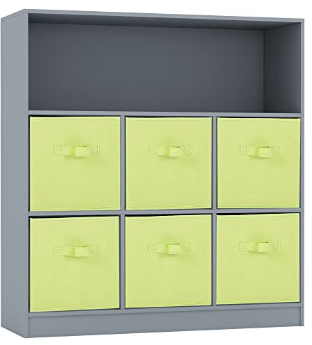 URBNLIVING Wooden Wide 7 Cubed Cupboard Bookcase Storage Units Shelves 6 Drawers Baskets (Green Drawer, Grey Bookcase)