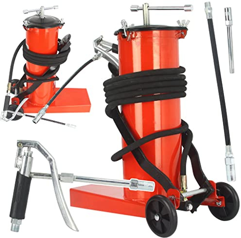 Pneumatischer Fass-Fettlöser 6L 360 bar Fettschmiermittel mit 4 m Schlauch | mit Rädern | Hebelantrieb | 2 starre und flexible Enden