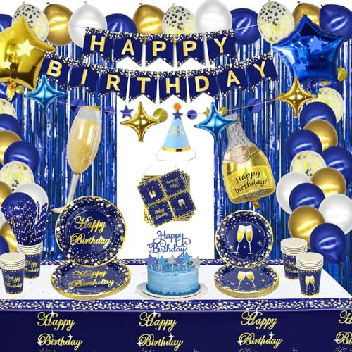 XJLANTTE 171 Piezas de Decoraciones de Fiesta Azules y Doradas: Globos de Fiesta de Oro Azul, Tazas y manteles para Suministros de Fiesta para niños y Adultos, Sirve a 20 Invitados, Azul Dorado-l