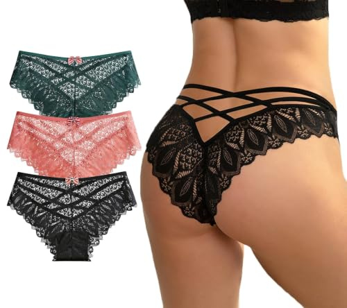 AUTUCAU Lot de 3 culottes sexy coquines en dentelle florale pour femme - Bikini croisé sans couture, Noir/vert sapin/rose, Small