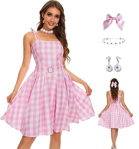 AYYOHON Ensemble collier et boucles d'oreilles pour femme - Robe à carreaux rose - Jupe - Nœud - Marguerite - Costume d'Halloween 2023 - Taille 3XL
