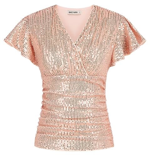 Damen Party Bluse Oberteil mit Pailletten Vintage V-Ausschnitt Shirt Kurze Ärmel Plissierte Top Glitzer