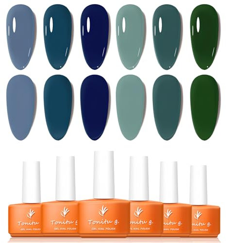Tonitu G Gel Nail Polish Set 6 Colors Gel Polish Kit, Navy Blue Mint Green Deep Teal Forest Nail Art Design Soak Off LED at Manicure DIY Home Salon Gifts for Women Girls