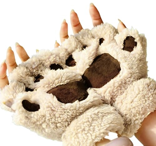 Womens Furry Paws Animal Cat Wolf Bear Dog Paws Claws Cosplay Gloves, Fingerless String Plush Warm Thermal Mittens For Teens Girls Halloween Party Fancy Dress