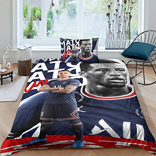 HESHS Paris St German PSG Bettwäsche Set Mikrofaser Bettbezug Kylian Mbappé 3D Gedruckt 3 Stücke Mit Reißverschluss, Weiche Bettwäsche Für Erwachsene Kinder, Jungen, Mädchen Single(135x200cm)