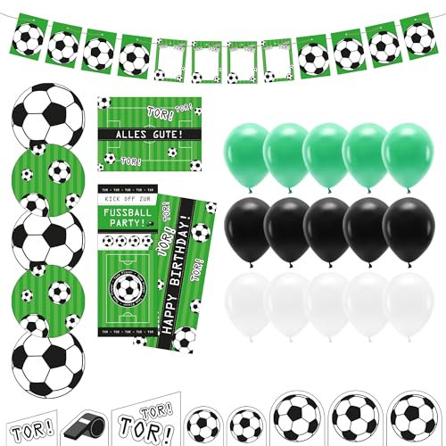 Fußball Kindergeburtstag Deko Box - Kinder Geburtstag Fussball Party Dekoration Set mit Snackuntersetzern, Poster, Girlande, Karten & Dekoaufsteller - Geburtstagsdeko für Jungen & Mädchen
