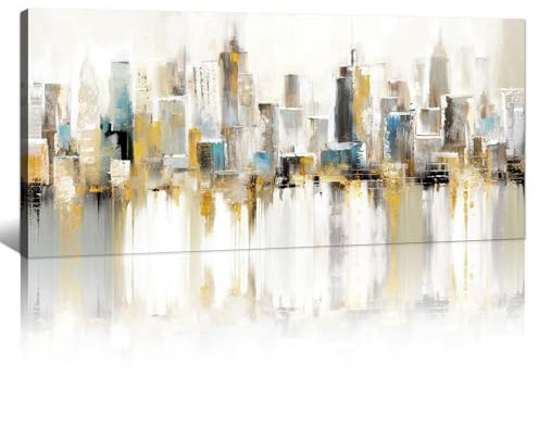 Mit Rahmen Großes Leinwandbilder Bilder Gold Blau Grau Stadtgebäude bild auf leinwand Wandkunst Modern Wandbilder XXL Kunstdruck Deko für Wohnzimmer Schlafzimmer fertig zum Aufhängen 120x50cm
