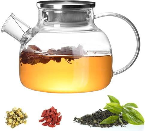 Diompirux 1000ml hochwertig Teekanne aus Glas mit Deckel, Hitzebeständig und Mikrowellenbeständig, Herausnehmbarer Edelstahlfilter und Ausguss-Filter, für Schwarzen Tee, Grüner Tee, Fruchttee