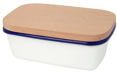 LAUBLUST Beurrier avec couvercle en bois - Blanc | 15 x 10 x 6 cm | Cloche à beurre pour beurre | Beurrier multifonction | Couvercle élégant en bois | Corps en métal élégant et durable