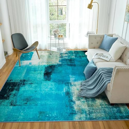 TYJDTYR Teppich Wohnzimmer 200 x 290 cm, Grau Kurzflor Abstrakt Carpet, Chic Tintenspritzer Design, Waschbar, Einfache Pflege für Schlafzimmer, Groß Home Decor Blau