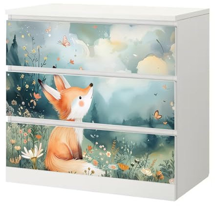 Sunnywall® Möbelfolie passend für IKEA Malm Kommode Schrankfolie Aufkleber mit Fuchs auf Wiese Motiv | blasenfrei verkleben | Kinderzimmer 3er 80 cm