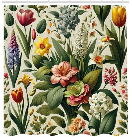 ABAKUHAUS Frühling Duschvorhang, Bauernhaus Thema Blättriges Szenario florales Muster mit Nostalgie Tönen Natur, Stoffliches Gewebe mit Haken, 175 x 200 cm, Olivgrün Blasses Rubinrot