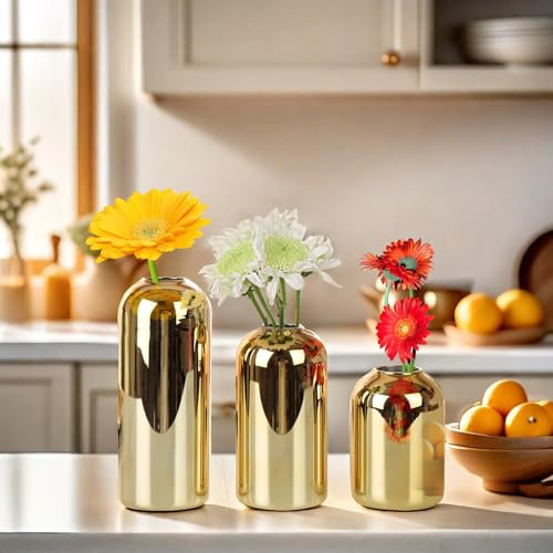 BlogBlog Glass Bud Vases for Flowers - Small Glass Vases for Fordecoration, Bulk Flower Vase for Living Room Dining Table Wedding Party Events Home Decor Floral Arrangements (Gold, 3pcs)