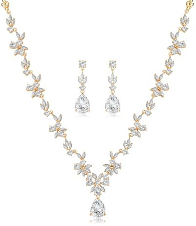 Wynn's Wedding Jewellery Set for Women - Gold Necklace and Dangle Earrings With White AAAAA Cubic Zirconia - Yellow Gold Bridal Bridesmaid Set - Birthday