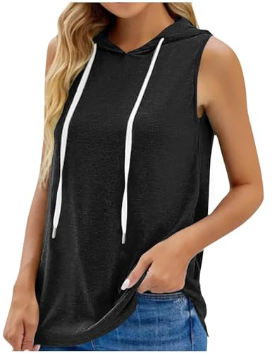 Sweat à Capuche Femme sans Manches Tee Shirt Sport Femme D'été Sweats à Capuche Hoodies Entraînement Débardeur Sport Fitness Noir T-Shirt Couleur Unie Décontracté Haut Polyvalente Grande Taille
