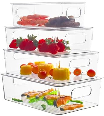 GRANZ Stackable Fridge Food Storage Containers with Lids | Set of 4 Fridge Organisers | Fresh Produce Saver Keepers | BPA-Free Refrigerator | Fruit and Vegetable Cabinet Storage Bins