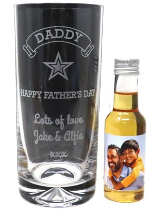 Personalised Fathers Day Design Highball Glass & Photo Design Miniature Bottle of Alcohol Gift For Dad (Spiced Rum/No Gift Box)