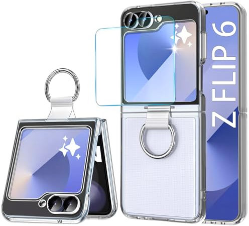 MIMGOAL Coque de protection Crystal Clear pour Samsung Galaxy Z Flip 6/Z Flip 7 FE avec anneau et film de protection d'écran [anti-jaunissement] fine en polycarbonate rigide résistant aux rayures pour