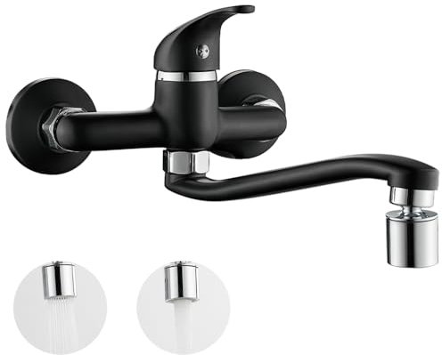 Maynosi Robinet de Cuisine Mural Avec 2 Jets, Mitigeur d'évier Cuisine, Robinets Mural Cuisine Bec Pivotant à 360°, Robinet en Laiton pour le Chaude et Froide, Trous de Montage Réglables, Noir