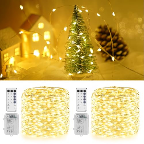 StarryEver 200er LED Lichterkette Batterie,10M Warmweiß Lichterkette Draht Dimmbar mit Fernbedienung Timer 8 Modi, LED Stimmungslichter, Fairy Lights für Weihnachtsbaum, Kinderzimmer Dekor 2er Pack