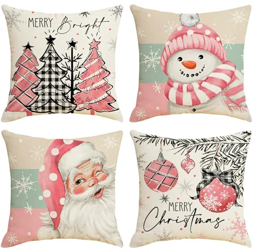 VEEKAY Weihnachten Kissenbezug,4er Set Weihnachtsdeko Kissenhülle 50x50cm,Wendemuster,Leinen Dekorative Zierkissenbezüge,Dekokissen Weihnachtskissenbezug für Sofa Couch Schlafzimmer Wohnzimmer