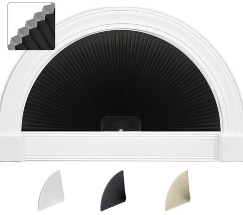 SEEYE Verdunkelungsrollo für Bogenfenster, Plissee, Stoff (Radius: 91,4 cm), Halbkreis, schnurlos, halbrund, ohne Werkzeug, halbrunder Lampenschirm, einfach zu schneiden und zu installieren, Schwarz