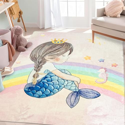 USTIDE Regenbogen-Teppich, 139,7 x 198,1 cm, Meerjungfrauen-Mädchen-Teppich, Rosa, Kinderteppich, weich, Mädchen, Schlafzimmer, flauschig, Mädchenzimmer-Dekoration