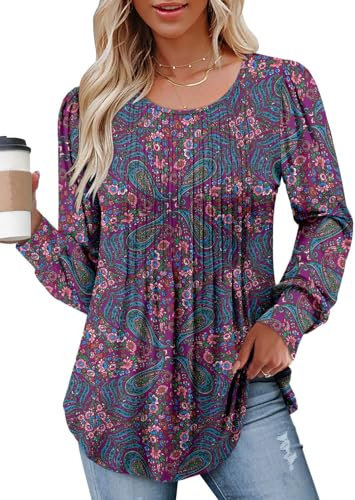 CHICZONE Womens Tunic Tops Puff Long Sleeve Crew Neck T-Shirt Fall Pleated Blouse for Leggings Loose Fitting