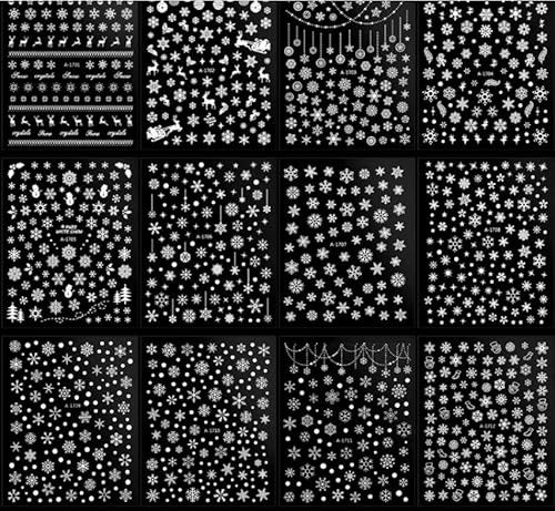 BOOMTOP Nagelsticker Weihnachten Schneeflocken 12 Blatt Nagelaufkleber Selbstklebend Weiß Schneeflocke Nail Art Stickers Fingernägel Aufkleber Winter Nagelfolien Merry Christmas DIY Nageldesign