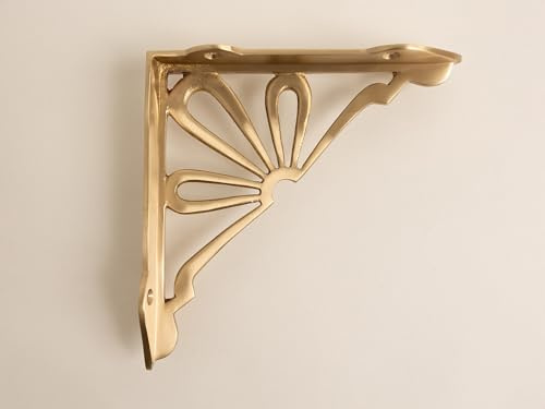 Satin Brass Flower Shelf Brackets | Heavy Duty Brackets for Kitchen Bookshelf | Brass Shelving Heavy Solid Cast Brass Shelf Bracket (Medium)