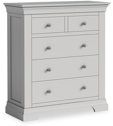 RoselandFurniture Colette Grey 2 Over 3 Chest of Drawers for Bedroom | Fully Assembled, Wooden Storage Dresser with Plinth Base, Painted Pine, French Style, H95cm W85cm D38cm