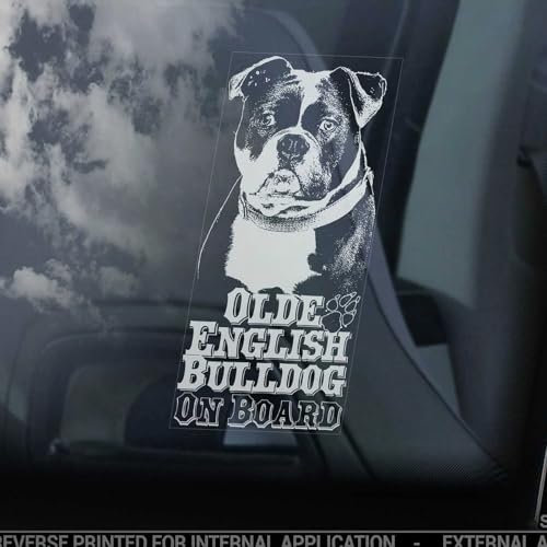 LMMIXEE Olde English Bulldog on Board Auto-Fensteraufkleber, Old Bully Schild, Stoßstangen-Aufkleber, Hund, Mutter, Vater, Vinyl, gestanzt, lustiger Hund, Stoßstangen-Aufkleber, Geschenk für alte