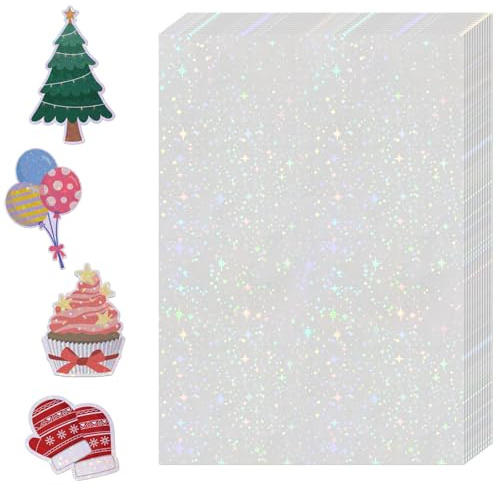 WANGHENG 36 Sheets Holographic Sticker Paper,Holographic Laminate Sheets,A4 Size Clear Vinyl Sticker Sheets Self-Adhesive Rainbow Overlay Sheets,11.7 x 8.3 Inches（Star）
