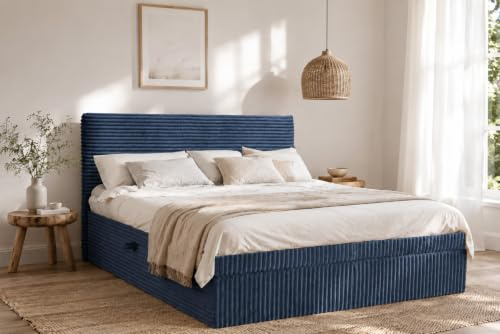 Kaiser Möbel - Bett 120x200 cm, Boxspringbett mit Bettkasten und Topper, Cord Schlafzimmerbett, Doppelbett mit Stauraum und Gepolstertes Kopfteil, Toppermatratze aus Viscoschaum - Trento - Dunkelblau