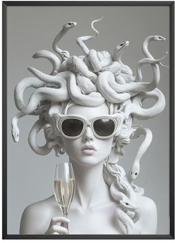 MJ-GRAPHICS® Poster Medusa Wandbild Skulptur Champagner Poster Luxus Party Fine-Art Kunst Küche Wohnzimmer Wanddeko Büro Mood Poster Göttin Pop Art Vintage Wandkunst – A4-Format, ohne Rahmen