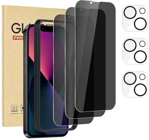 Rvciby 3 Pack Privacy Screen Protector for iPhone 13 mini with 3 Pack Camera Lens Protector with Installation Frame,Anti Spy Tempered Glass Film 9H Hardness，Scratch Resistant，Bubble Free [5.4 inch]