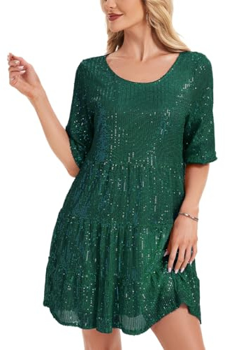 Kyzoeyou Kurzarm Glitzer Sommerkleid Damen mit Pailletten Midi Kleider Leicht Kleid Casual Tunika Plissee Swing Freizeitkleid