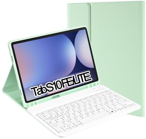 SUEEWE Tastatur mit Hülle für Samsung Galaxy Tab S10 Lite & S10 FE, Grün | TPU Rückseite Hülle mit Magnetisch Abnehmbarer QWERTZ Tastatur