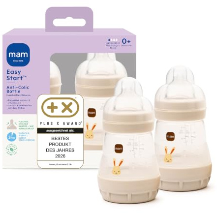 MAM Easy Start Anti-Colic Babyflasche 2x 160 ml, 0+ Monate, Gr. 1, Hase | Selbst-sterilisierend in der Mikrowelle in 3 Min, Anti-Kolik-Bodenventil, brustähnlicher SkinSoft Sauger, ab Geburt