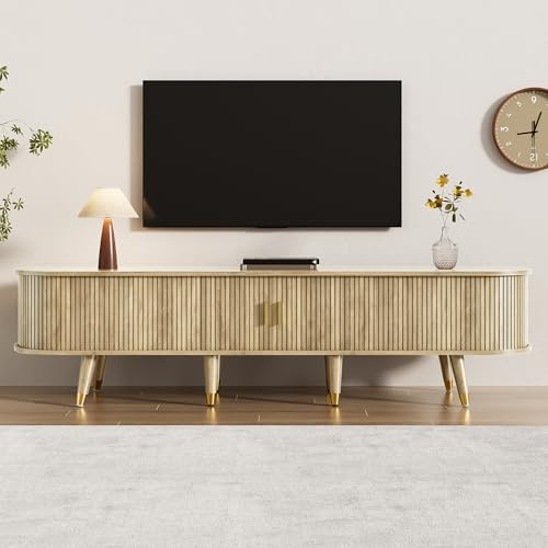 Merax TV Stand with Sliding Door, Natural TV Cabinet, Country-Style Media Unit with Shelves, Drawers & Cupboard, Rustic MDF Entertainment Unit for Living Room - 175 x 38 x 45 cm
