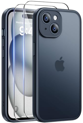 FLLAO für iPhone 15 Hülle mit 2 Stück Panzer Schutz Glas, [Vollständiger Kameraschutz] [Militärischer Schutz] Transluzente Matt Stoßfest Kratzfest Handyhülle für iPhone 15 Case, Schwarzd