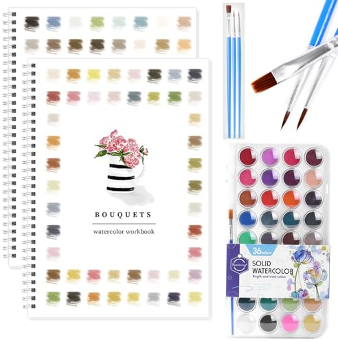 2 Pièces Cahier Aquarelle pour Débutants, 24 Couleurs Avec 3 Pièces Pinceau | 30 motifs fleurs et animaux, 200GMS de Papier,livre de peinture à l'aquarelle pour Enfants,Adultes