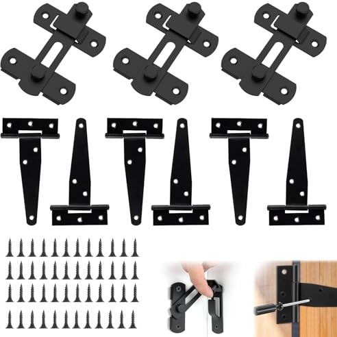 Juego de Bisagras en T Negras para Puertas de Madera y Cerraduras para Puertas de Jardín – 6 Bisagras Negras T y 3 Cerraduras deslizantes con Tornillos, Resistentes y Duraderas para Puertas de Ja