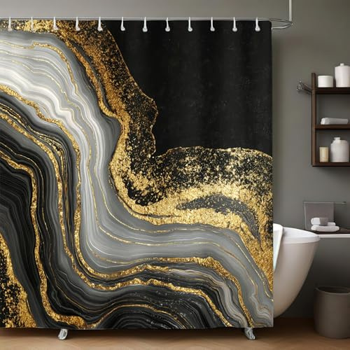 Noir Rideau de Douche Imperméable Texture marbre doré 240x200 cm Tissu Polyester Lavable avec 12 Crochets pour Salle de Bain et Baignoire