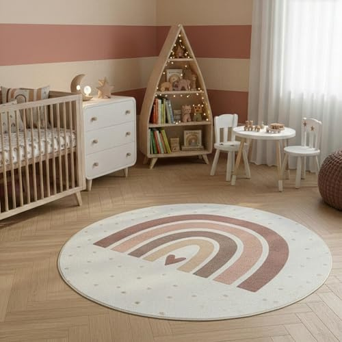 SIMPEX Kinderteppich Regenbogen Spielteppich rund 120 cm für Kinderzimmer in Creme mit Herz Motiv ideal für kleine Spielecken